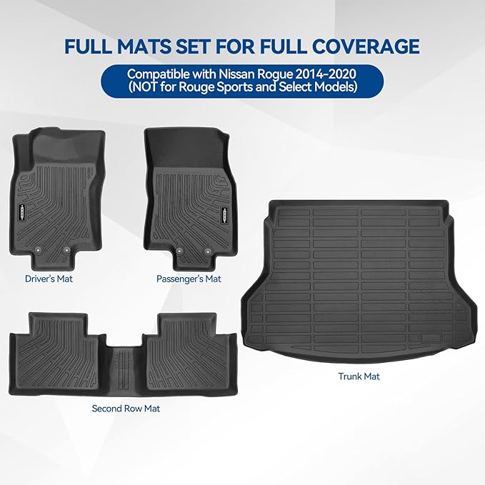 Custom Fit Floor Mats for Nissan Rogue 2014-2020, All Weather TPE Floor Liners with Trunk Mat, Odorless Full Set Interior Accessories
