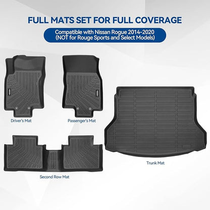 Custom Fit Floor Mats for Nissan Rogue 2014-2020, All Weather TPE Floor Liners with Trunk Mat, Odorless Full Set Interior Accessories