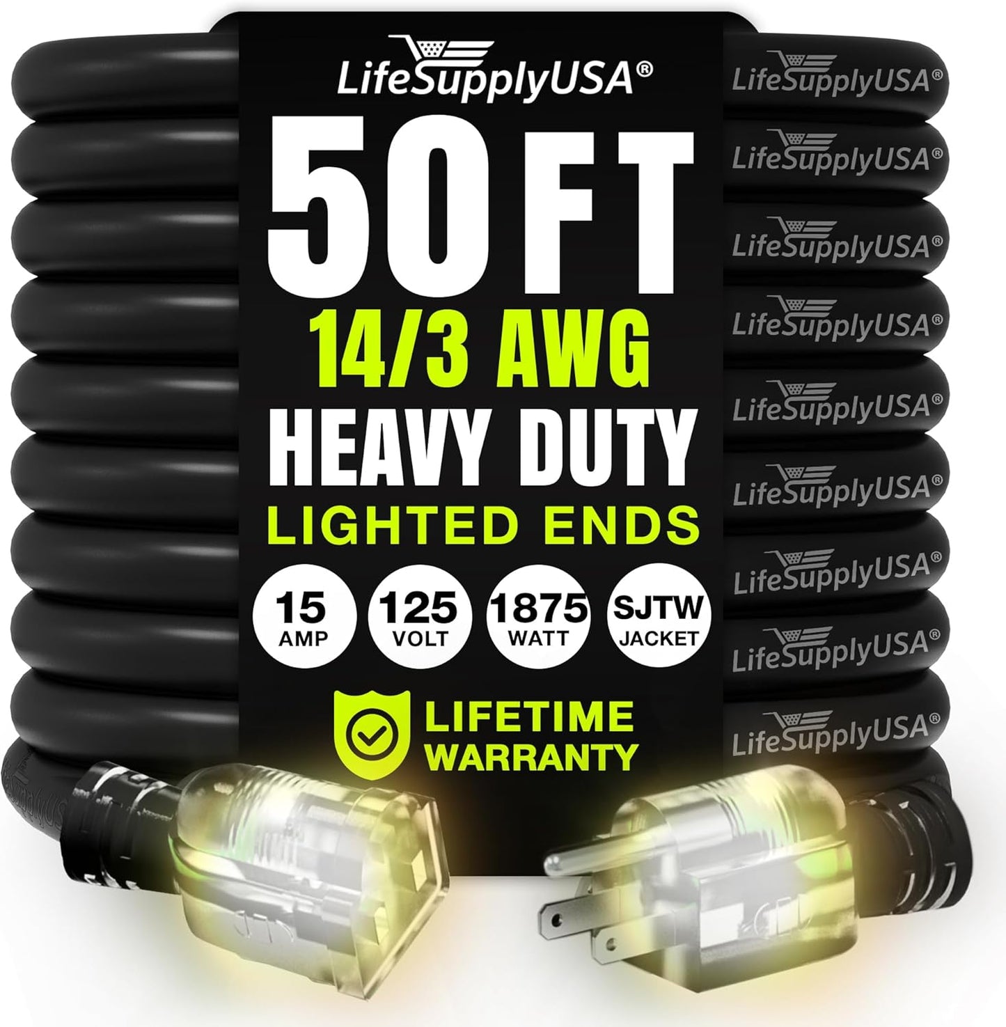 50ft Outdoor/Indoor Extension Cord 14/3 Gauge Heavy Duty 3 Prong SJTW, Waterproof, Flexible Cold-Resistant Long Power Cord,15A 125V 1875W, Black by LifeSupplyUSA