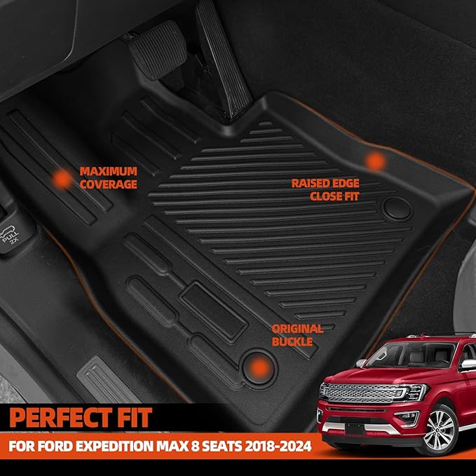 Custom Fit Floor Mats for Ford Expedition MAX 8 Seats 2018-2024 2nd-Row Bench Seat, All Weather TPE Floor Liners with Trunk Mat & Backrest Protectors, Odorless Full Set Interior Accessories