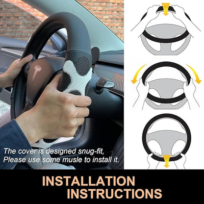 PINCTROT Comfy Grip Steering Wheel Cover for Tesla Model Y/3 2016-2025 2026 Standard/Highland/Juniper, D Shaped 14 Inch Small Sized, Flat Bottom with 3D Honeycomb Anti-Slip Design (Comfy Grip White)