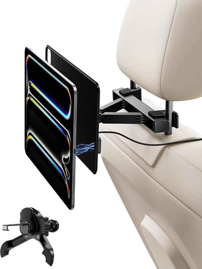 KU XIU Magnetic Wireless Charging Car Headrest Tablet Holder for iPad Pro 13'' M4/M5 Only, Tablet Car Back Seat Mount for Kids, Road Trip Essentials Trave Holder with Air Vent Stand, 2M USB-C Cable