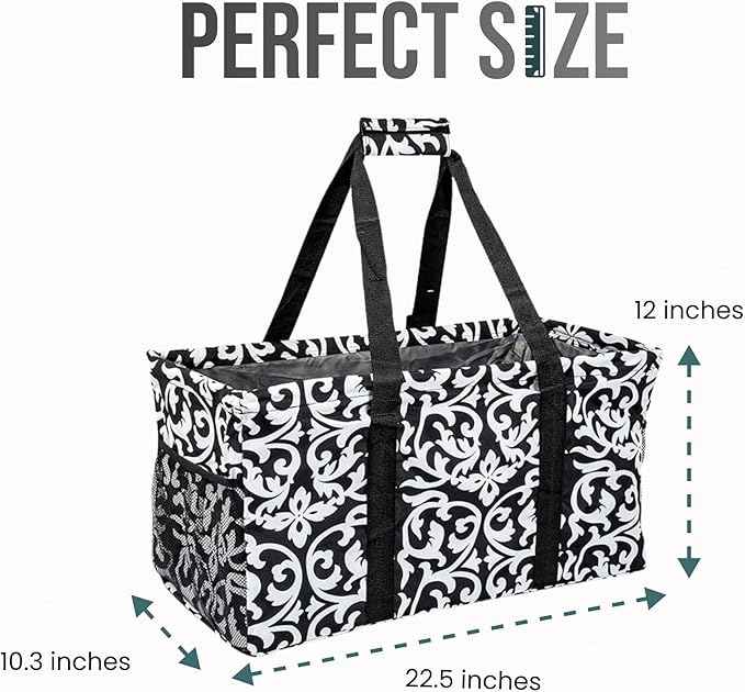 Extra Large Utility Tote Bag - Oversized Collapsible Reusable Wire Frame Rectangular Canvas Basket With Two Exterior Pockets For Beach, Pool, Laundry, Car Trunk, Storage - Damask Gray
