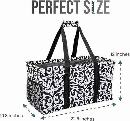 Extra Large Utility Tote Bag - Oversized Collapsible Reusable Wire Frame Rectangular Canvas Basket With Two Exterior Pockets For Beach, Pool, Laundry, Car Trunk, Storage - Damask Black