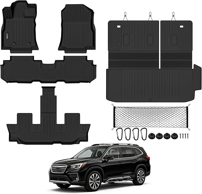 Tongama-Floor Mats for 2019-2025 2026 Subaru Ascent 7 Seat with Bucket Seats, All Weather TPE Trunk Mat with Backrest Mat & Cargo Net for Subaru Ascent Floor Liner Accessories
