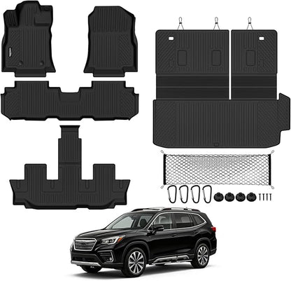 Tongama-Floor Mats for 2019-2025 2026 Subaru Ascent 7 Seat with Bucket Seats, All Weather TPE Trunk Mat with Backrest Mat & Cargo Net for Subaru Ascent Floor Liner Accessories