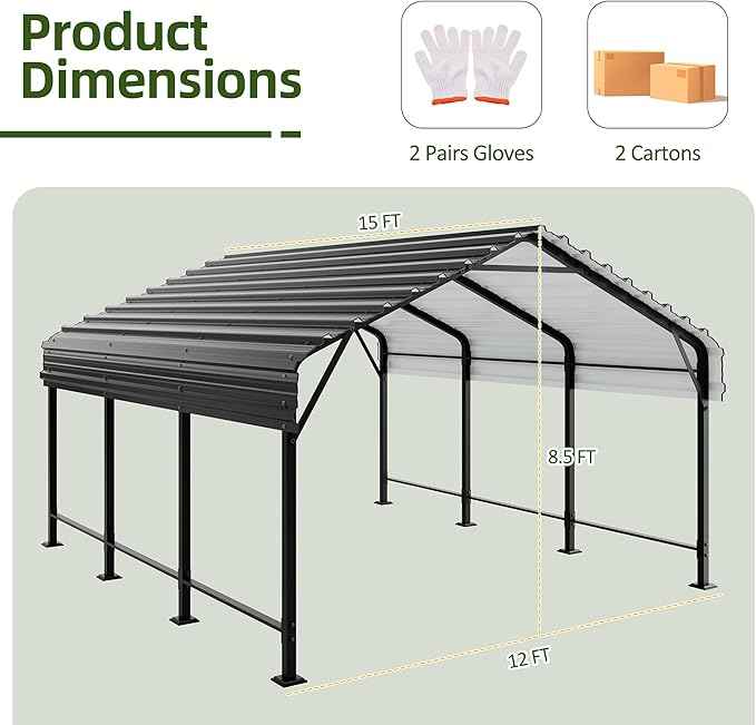 Shintenchi 12x15 FT Metal Carport, Heavy Duty Carport Canopy with Enhanced Base and Frame,Outdoor Galvanized Garage Car Port for Cars, Boats,Tractors and Party