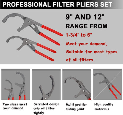 10PCS Oil Filter Wrench Set, 9" & 12" Oil Filter Pliers, 3 Jaw Oil Filter Wrench Tool with Oil Funnel for Oil Change Adjustable From 1-3/4" to 6"