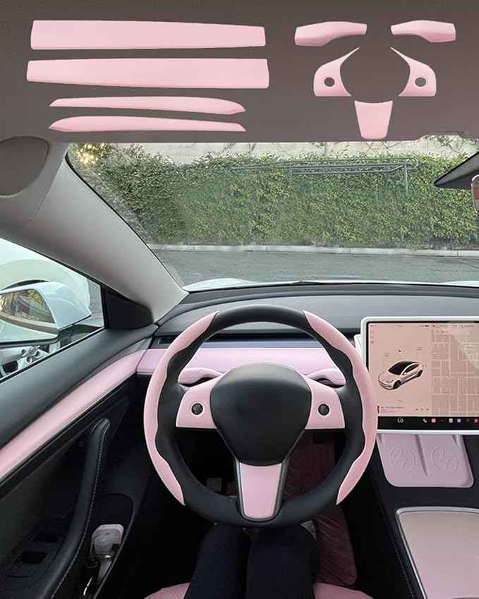 Pink Dashboard Cover and Front Door Cover Compatible with Tesla Model 3（2021-2023） and Model y（2019-2023 (Pink 9 Sets)