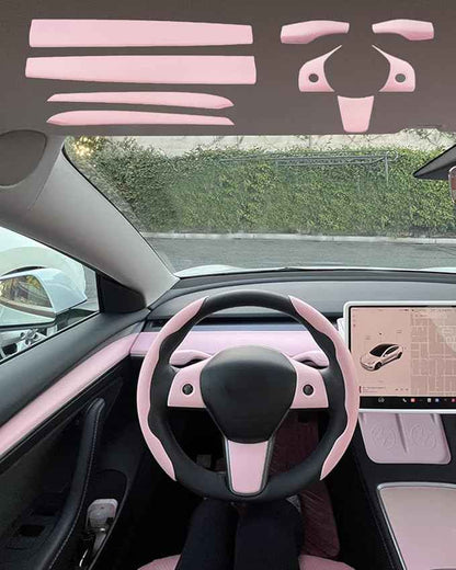 Pink Dashboard Cover and Front Door Cover Compatible with Tesla Model 3（2021-2023） and Model y（2019-2023 (Pink 9 Sets)