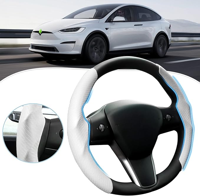 Steering Wheel Cover for Telsa Model 3/Y 2016-2025 2026 Highland/Juniper Accessories Carbon Fiber Steering Wheel Cover Protector Non-Slip, Comfortable, Breathable, Model 3/Y Accessories, White