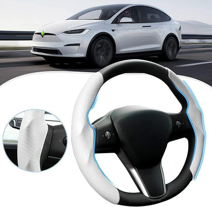 Steering Wheel Cover for Telsa Model 3/Y 2016-2025 2026 Highland/Juniper Accessories Carbon Fiber Steering Wheel Cover Protector Non-Slip, Comfortable, Breathable, Model 3/Y Accessories, White