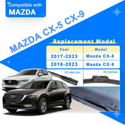 Windshield Wiper Blades Replacement for Mazda CX-5 CX-9 2017 2018 2019 2020 2021 2022 2023 CX5 CX9 Original Factory Quality Front Rear Wipers Blade Set for My Car - 24" 18" 14" (Pack of 3)