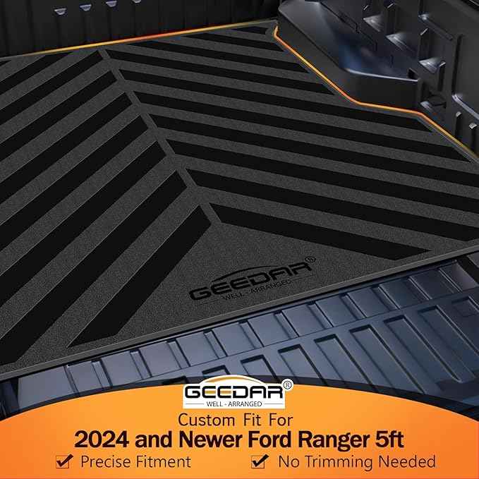GEEDAR Rubber Bed Mat Compatible with Ford Ranger 2024 2025 2026 (5FT, 59.6" Bed), Heavy Duty Truck Bed Mat for Ford Ranger 5ft Truck Bed Liner, Heavy Duty Pickup Bed Accessories Cargo Mat