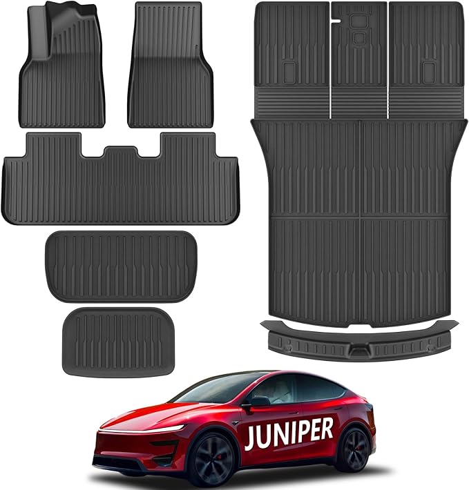 KARPAL Floor Mats Fit for Tesla Model Y Juniper 2025 2026 5-Seat (Not Fit 7 Seats), TPE All Weather Floor Mats & Trunk Mats Backrest Mat & Rear Bumper Guard 7-PCS for Model Y Juniper Accessories