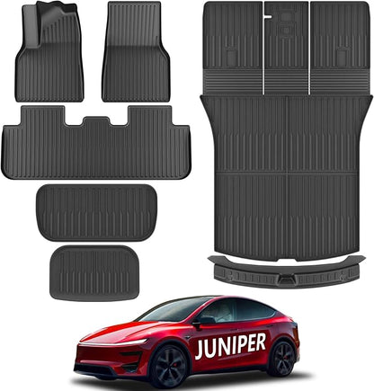 KARPAL Floor Mats Fit for Tesla Model Y Juniper 2025 2026 5-Seat (Not Fit 7 Seats), TPE All Weather Floor Mats & Trunk Mats Backrest Mat & Rear Bumper Guard 7-PCS for Model Y Juniper Accessories