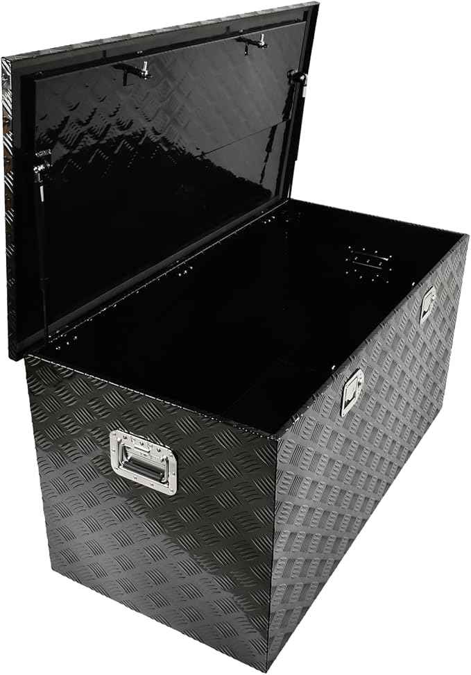 48 Inch Black Aluminum Tool Box 5 Bar Tread Chest Box Flatbox for Truck Car Outdoor Trailer Pickup Underbody RV ATV Storage Bed ToolBox w/Lock and Keys, Side Handle (48"x24"x24")