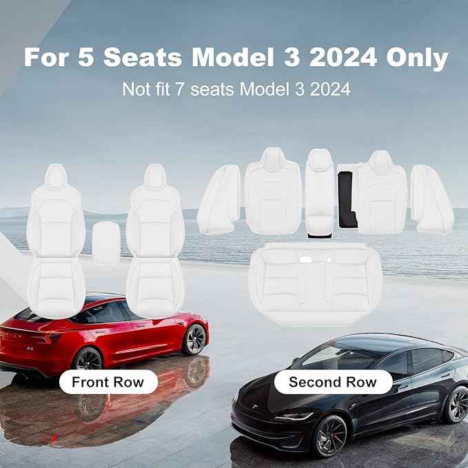2024-2025 Tesla Model 3 Highland Upgraded Car Seat Covers Nappa Leather Car Interior Airbag Compatible Cushion Cover Full Set Custom Fit Model 3, Organosilicon White