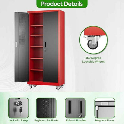 Aobabo Metal Garage Storage Cabinets with Wheels,Steel Cabinets with 5 Adjustable Shelves for Garage Home Office Storage, Red-Black,Assembly Required