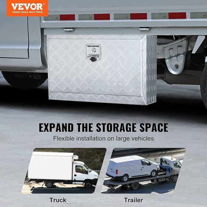 VEVOR Underbody Truck Box, 30"×17"×18" Pickup Storage Box, Heavy Duty Aluminum Diamond Plate Tool Box with Lock and Keys, Waterproof Trailer Storage Box with T-Handle Latch for Truck, Van, Trailer