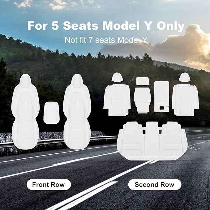 Tesla Model Y Car Seat Covers Nappa Leather Car Interior Seat Airbag Compatible Cushion Cover Full Set Custom Fit 2024 2023 2022 2021 2020, Nappa White