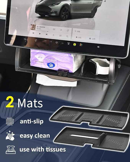Hidden Under Screen Storage for Tesla Model Y 2020-2026 Juniper Interior Accessories, Model 3 Highland Center Console Organizer with Push-Latch & Dampers, Smooth Opening, Rattle-Free, 2 Black Mats