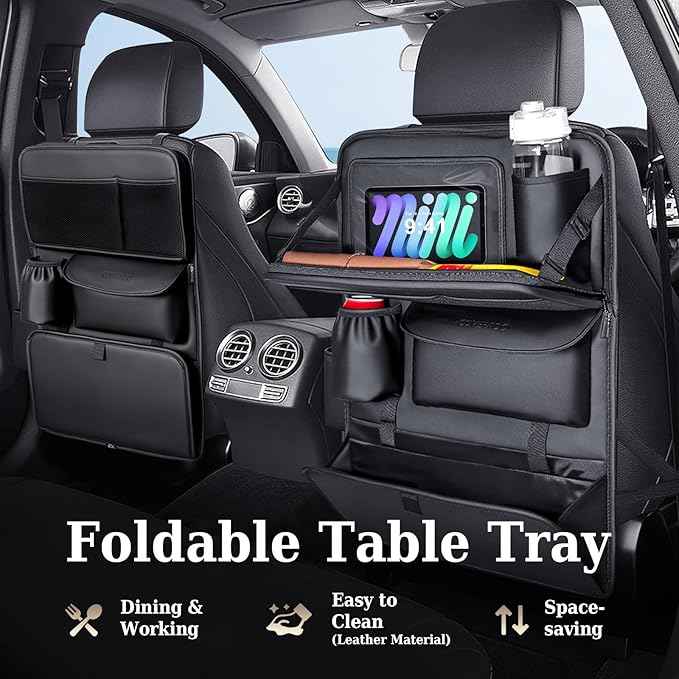 Coverado Backseat Car Organizer, Nappa Leather Car Seat Organizer with Touch Screen Tablet Holder, Foldable Food Tray, Kick Mats Protector, Multi Car Storage Accessories, Garbage Bag Holder-1 Pack
