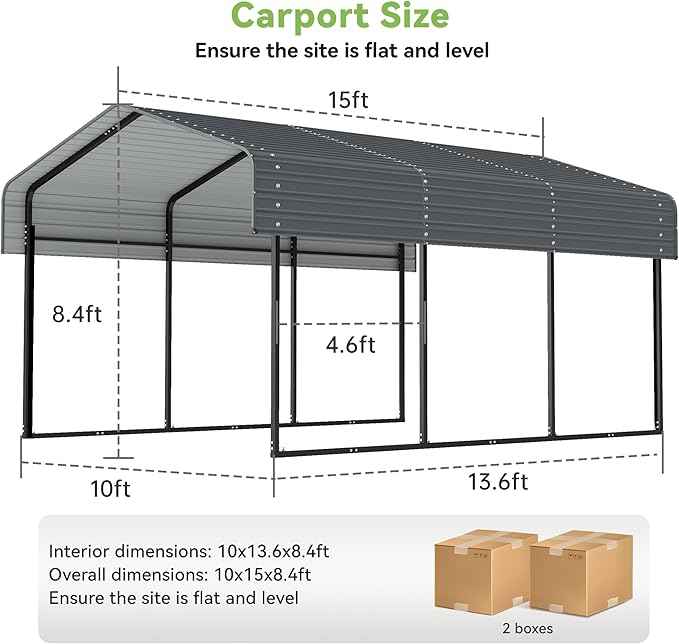 10x15FT Metal Carport,Heavy Duty Carport with Reinforced Frame and Galvanized Steel Roof, Outdoor Garage Shelter Shade Car Port for Pickup Trucks, Boats, Cars & Tractors, Farm Tools, Party, Gray
