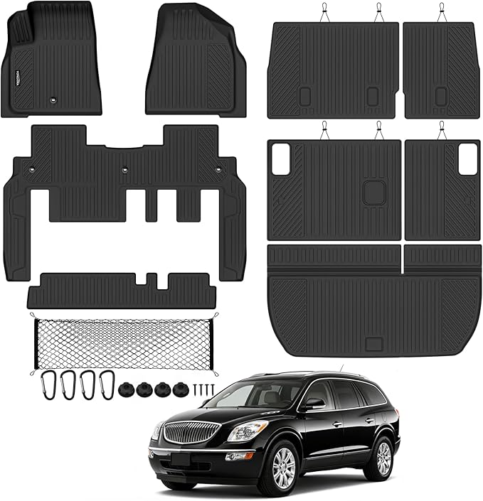 Tongama-Floor Mats for 2009-2017 Chevy Traverse/2008-2017 Buick Enclave 8 Seat with Bench Seats, All Weather TPE Trunk Mat & 2nd/3rd Row Backrest Mats & Cargo Net for Traverse Floor Liner Accessories