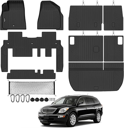 Tongama-Floor Mats for 2009-2017 Chevy Traverse/2008-2017 Buick Enclave 8 Seat with Bench Seats, All Weather TPE Trunk Mat & 2nd/3rd Row Backrest Mats & Cargo Net for Traverse Floor Liner Accessories