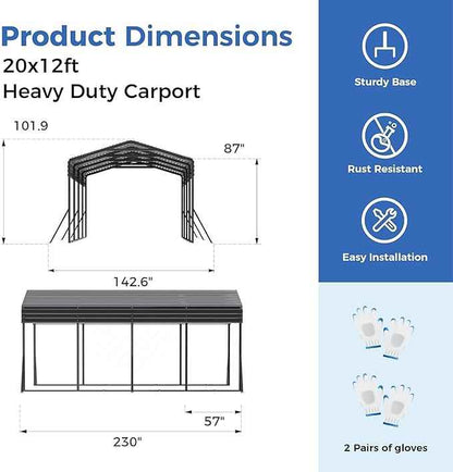 Carport Canopy 12’X20’ Heavy Duty Car Port Galvanized Steel Roof, Reinforced Stable Triangle Frame for Snowy Windy Metal Carports Enhanced Base Car Tent for Car,RV,Pickup,Boat,Truck,Tractor