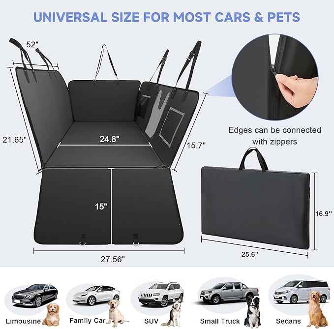 PU Leather Dog Car Seat Cover for Back Seat – Back Seat Extender for Dogs with Hard Bottom Holds 400 lbs. 100% Waterproof, Scratch-Proof and Anti-Slip Dog Hammock for Car, SUV, Truck