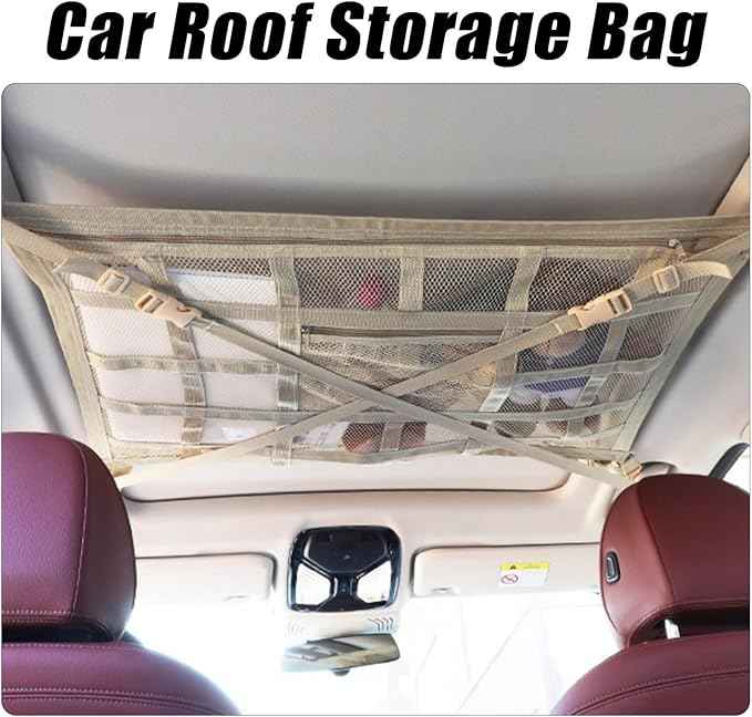 Overhead Car Organizer, Compatible with Jeep Gladiator Sport/Rubicon 2020-2025 Car Roof Storage Net Universal Car Ceiling Storage for Camping Storage Bag,Beige-Small
