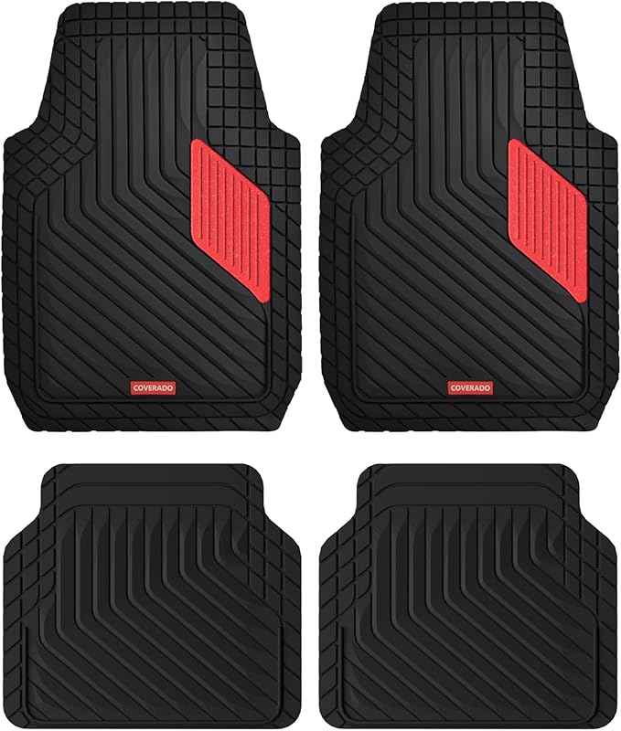 Coverado Heavy-Duty PVC Car Floor Mats Full Set – Red Metallic Heel Pad, All-Weather Protection for Front & Rear, Non-Slip Backing, Easy-to-Clean Liners, 4 Pcs
