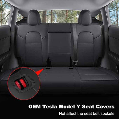 Tesla Model Y Car Seat Covers Nappa Leather Car Interior Seat Airbag Compatible Cushion Cover Full Set Custom Fit 2024 2023 2022 2021 2020, Nappa Black