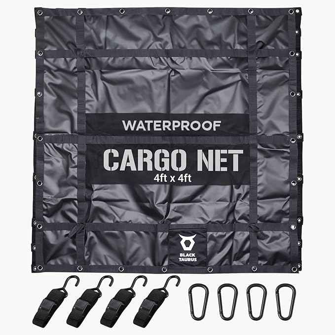 Waterproof Truck Bed Tarp Cover – Heavy Duty Cargo Net & Tarp for Pickup Truck Bed, Trailer, ATV, & Roof Rack, All-Weather Cargo Net for Secure Load with 4 Adjustable Straps - 4 ft x 4 ft