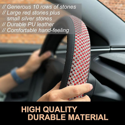 PINCTROT Bling Comfy Steering Wheel Cover for Tesla Model Y/3 Highland/Juniper, D Shaped 14 Inch Small Sized with Jumbo Crystal Rhinestones, Flat Bottom with Anti-Slip Diamond Leather (Red)