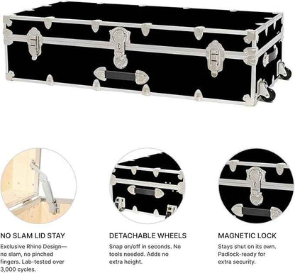 Rhino Trunk & Case Trundle Home Storage & College Trunk With Wheels - 44”x20”x12” - 1500+ lbs Capacity. USA Made Secure Under-Dorm Bed Footlocker for Clothes and Food, and Underbed Shoe Storage Box