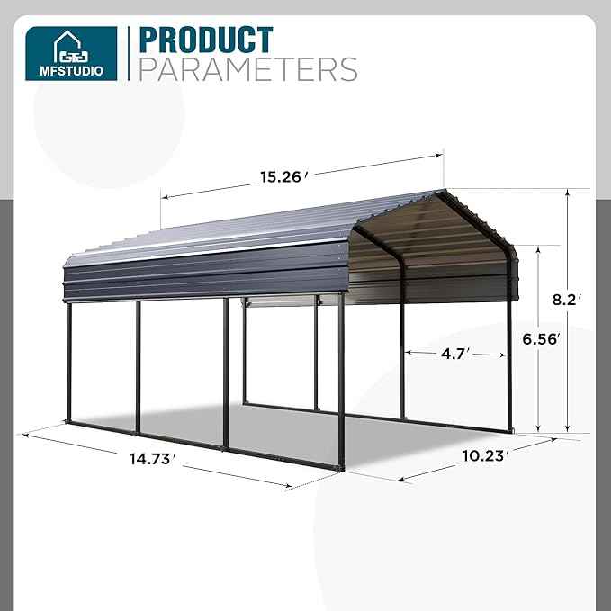 MFSTUDIO Carport 10x15 ft, Outdoor Heavy Duty Metal Shed Carports, Metal Garage Car Shelter Shade Car Port with Galvanized Roof, Frame and Bolts for Cars, Truck and Boats