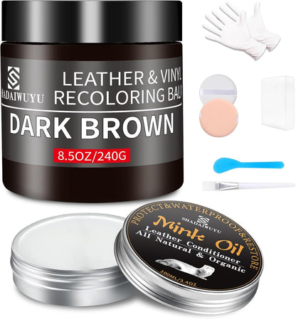 8.5oz Leather Recoloring Balm with 100ml Mink Oil,Dark Brown Leather Repair kit for Furniture and Car Interior,Leather Couch Scratch Repair,Leather Dye Paint,Mink Oil for Leather
