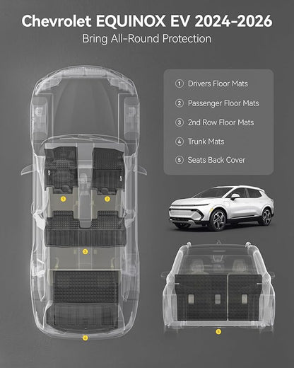3W Floor Mats & Seat Back Mats & Cargo Liner for Chevrolet Chevy Equinox EV (Not Fit Gasoline) 2024-2025 2026, All Weather TPE Custom Fit Full Set Car Floor Mats, Black