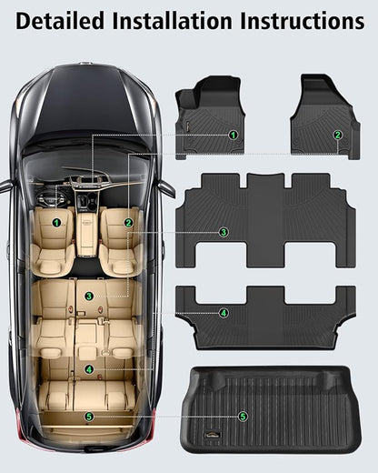 Floor Mats & Cargo Liner Custom for Chrysler Pacifica 2017-2024 2025 Hybrid 7-Seater Touring (Not for Pinnacle) All Weather TPE Rubber Trunk Mat Automotive Floor Liners for Pacifica 2025 Accessories