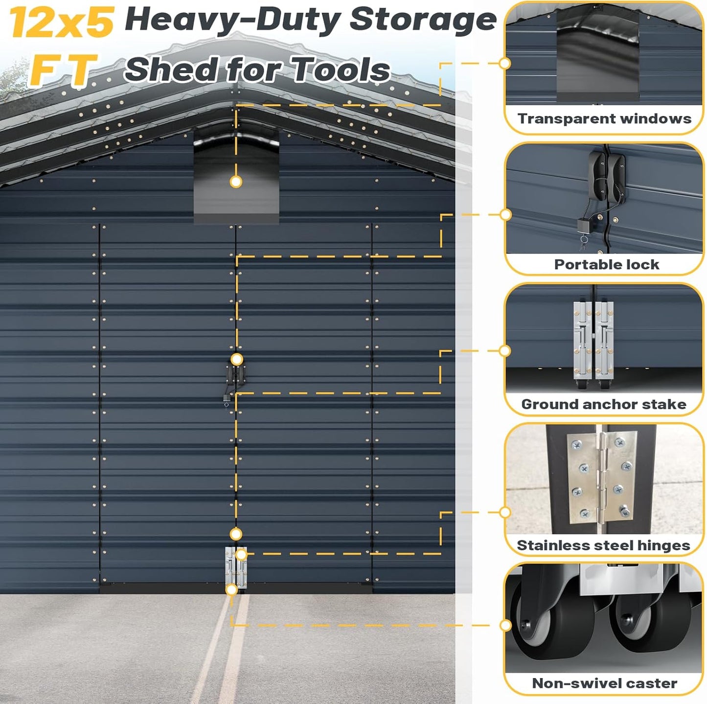 EROMMY 12x25 FT Carport Storage Shed 2-in-1, Heavy Duty Car Port with Galvanized Metal Frame, Base-Reinforced Enclosed Storage Shelter, Extended Coverage for Trucks, Cars & All Vehicles, Gray