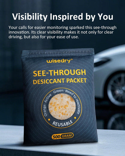 wisedry 4 x 500 Gram See-Through Silica Gel Car Dehumidifier Packets, Color-Indicating Desiccant Packs for Storage, Reusable Safe Dehumidifier, Heat Resistant Dehumidifier Bags