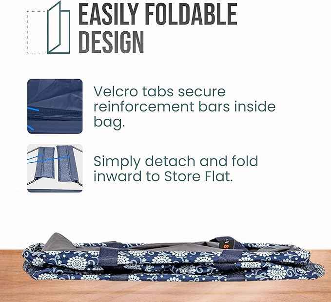 Extra Large Utility Tote Bag - Oversized Collapsible Reusable Wire Frame Rectangular Canvas Basket With Two Exterior Pockets For Beach, Pool, Laundry, Car Trunk, Storage - Navy Sunflower