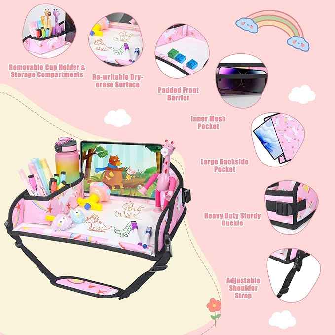 Kids Travel Tray for Car Airplane - Car Seat Tray for Kids Travel, Toddler Carseat Lap Table, Road Trip Essentials, Lap Desk for Kid Roadtrip Activities, Pink Unicorn