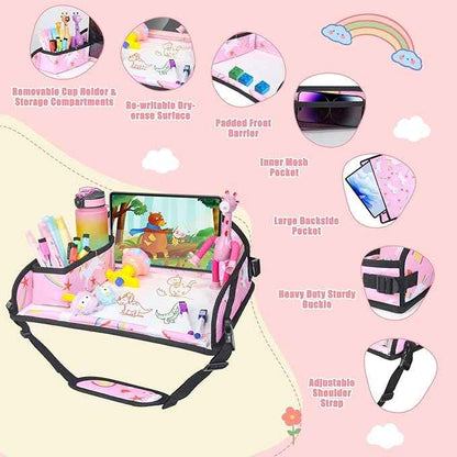 Kids Travel Tray for Car Airplane - Car Seat Tray for Kids Travel, Toddler Carseat Lap Table, Road Trip Essentials, Lap Desk for Kid Roadtrip Activities, Pink Unicorn