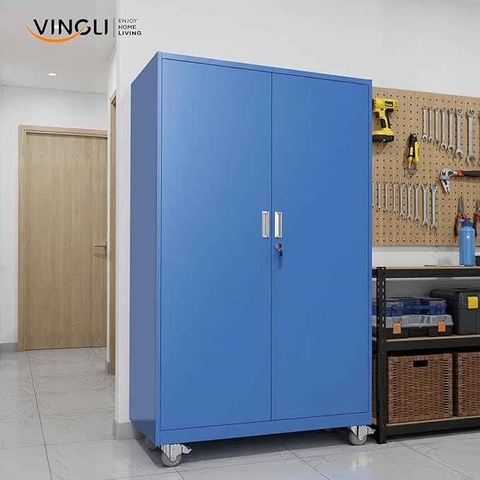 VINGLI Large Metal Storage Cabinet with 2 Doors and 5 Adjustable Shelves, Upgraded Height & Wide & Deep, 43''W x 20''D x 72''H, Oversized Garage Storage Cabinet with Wheels and Locks (Blue)
