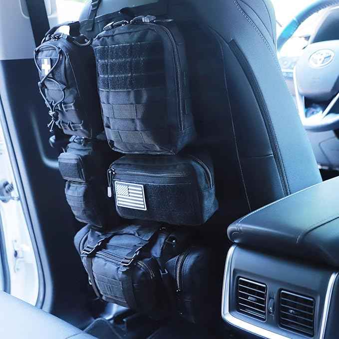Universal Tactical Car Seat Back Organizer Bag Tactical Molle Vehicle Organizers Panel Vehicle Protector Organizers with 5 Detachable Pouches for Car (Upgraded B black)