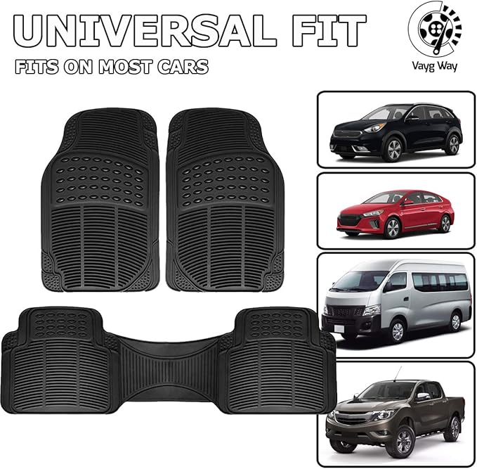 VaygWay Universal 3 Piece Heavy Duty Front and Rear Black Rubber Floor Mats - Premium Quality Trimmable Universal Fit All Weather Protection Floor Mats for Car Van SUV Truck